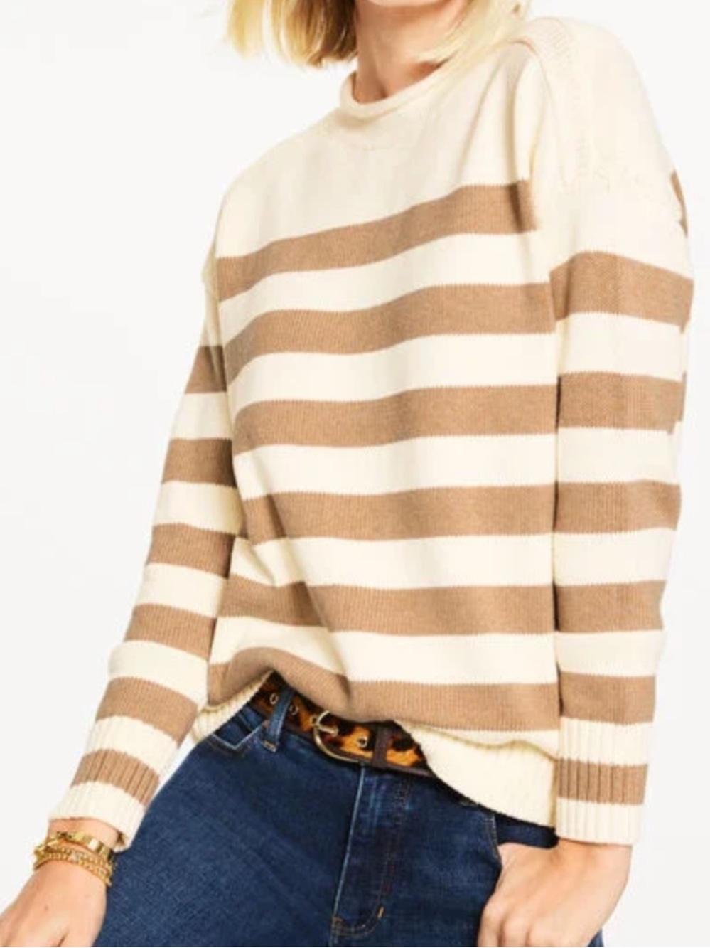 Talbots Classic Roll Neck Sweater Cream & Tan Striped Women’s Petite Small NWT